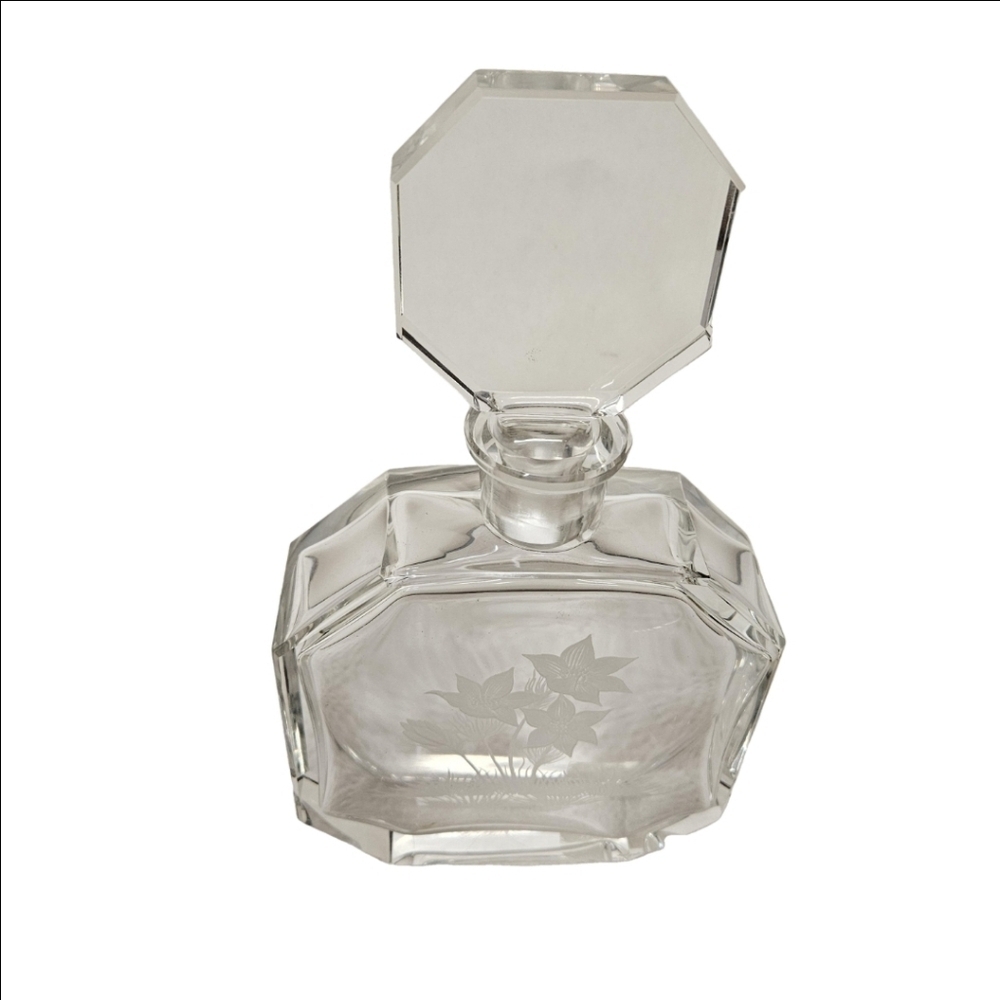 Aida Large Art Glass Perfume Bottle with Etched Lilies - Picture 3 of 9